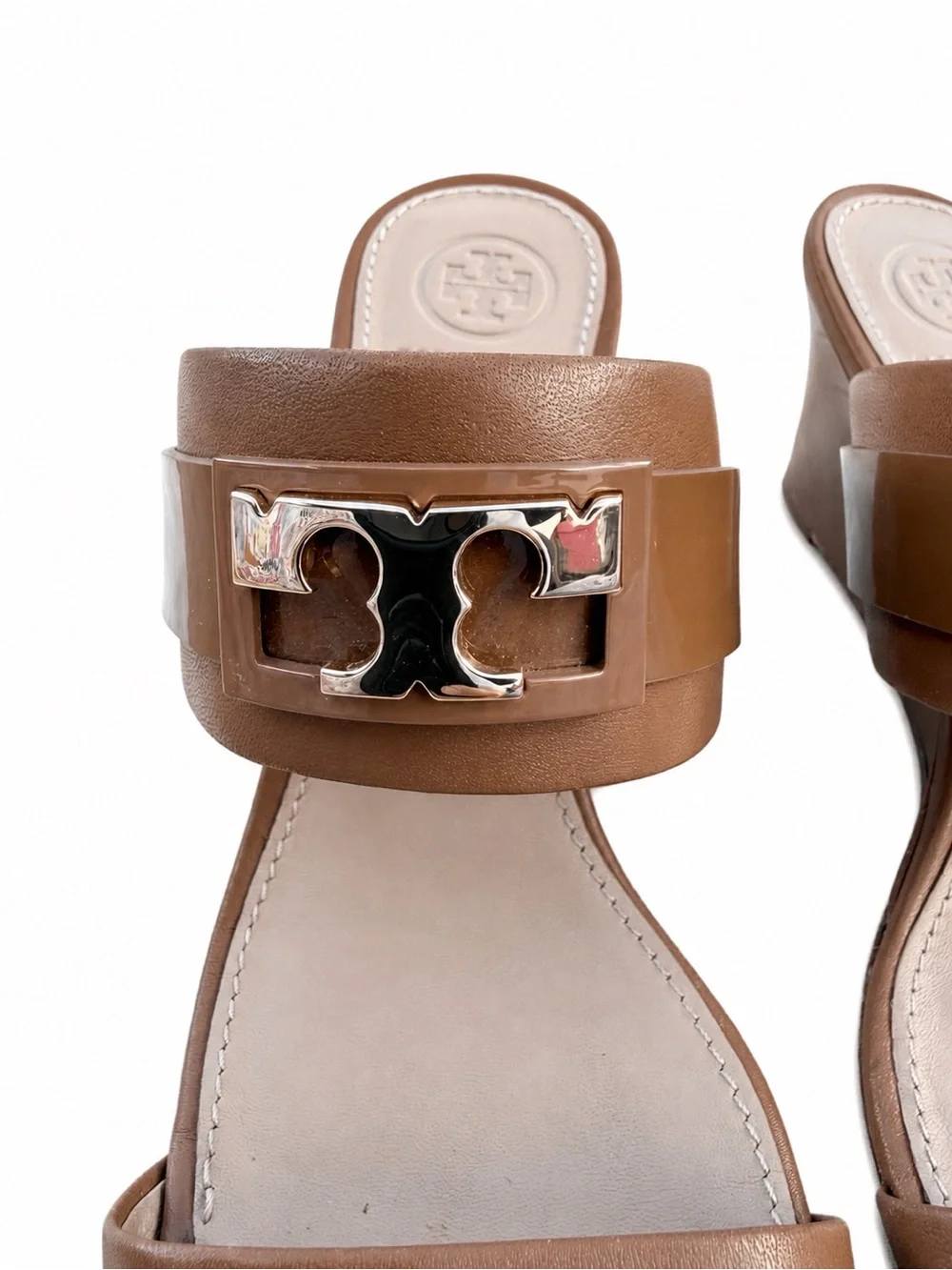 Tory Burch Double T Leather Wedge Slide Sandals – Tan/Camel – Women’s Size 6.5M